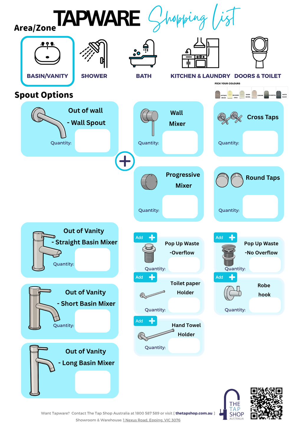 Tapware shopping list | Free download PDF