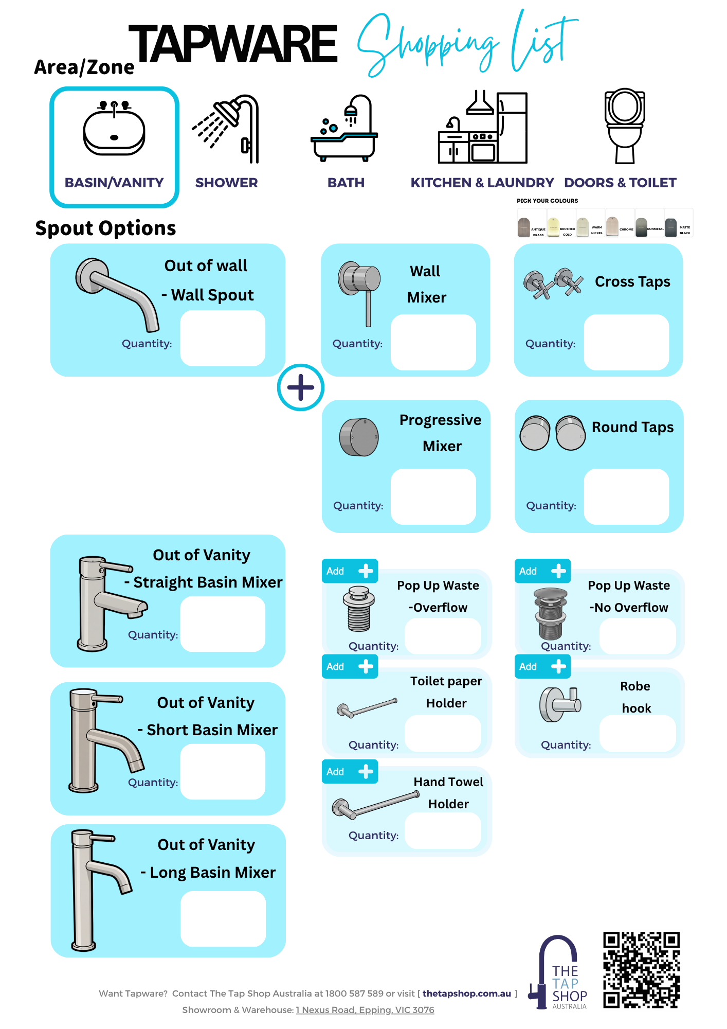 Tapware shopping list | Free download PDF