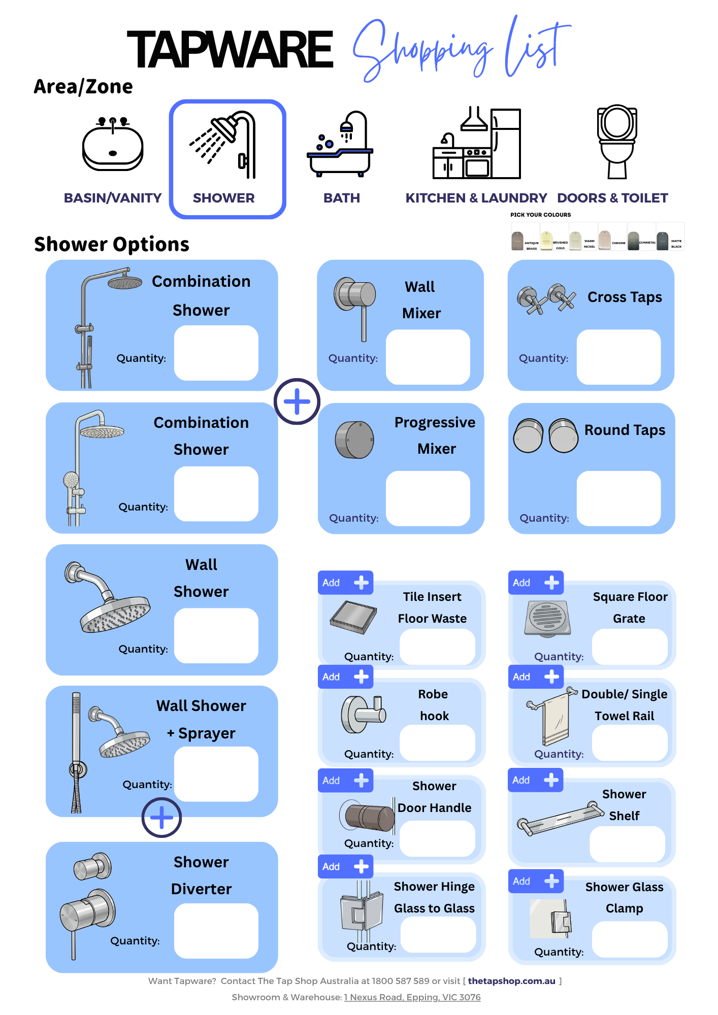 Tapware shopping list | Free download PDF
