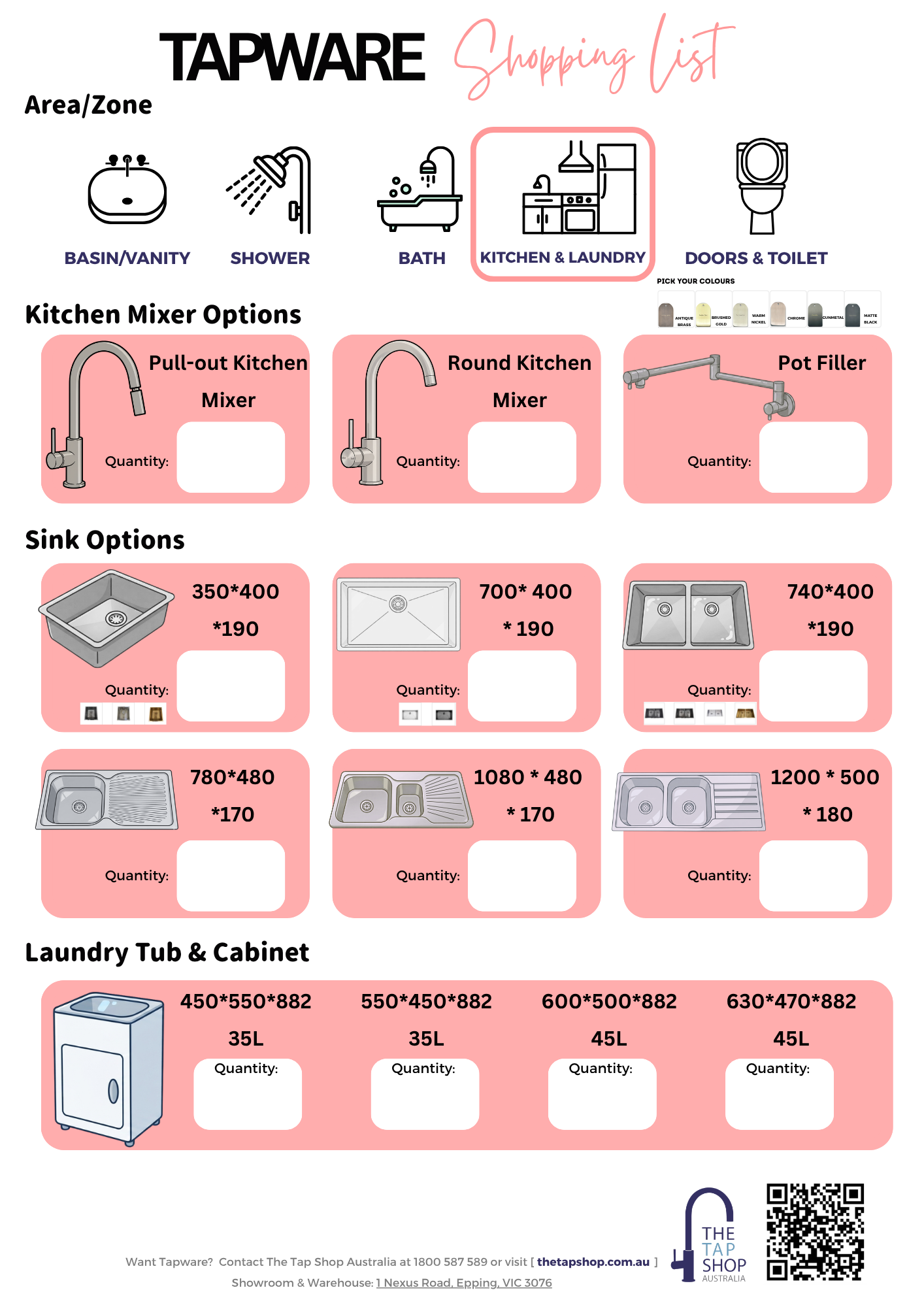 Tapware shopping list | Free download PDF