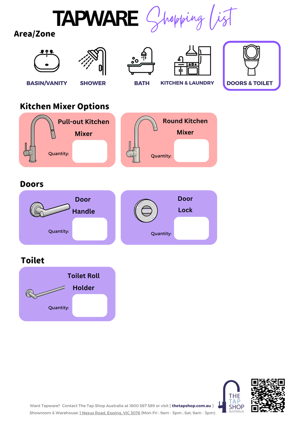 Tapware shopping list | Free download PDF