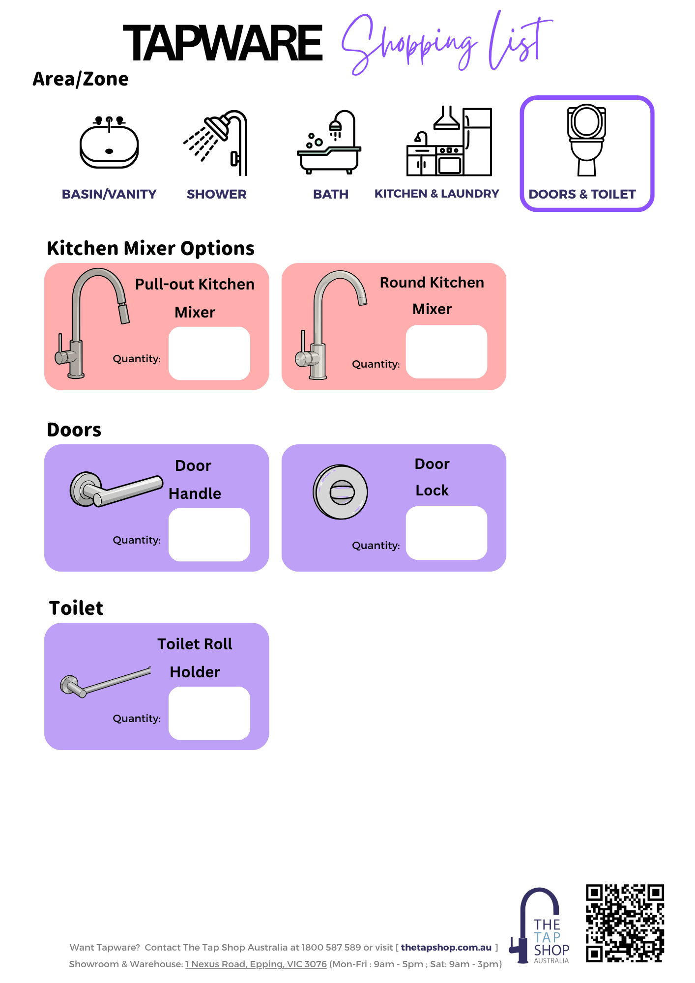 Tapware shopping list | Free download PDF