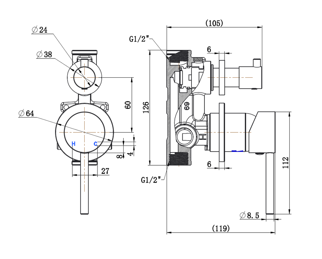Round Wall Mixer with Diverter 35mm Cartridge
