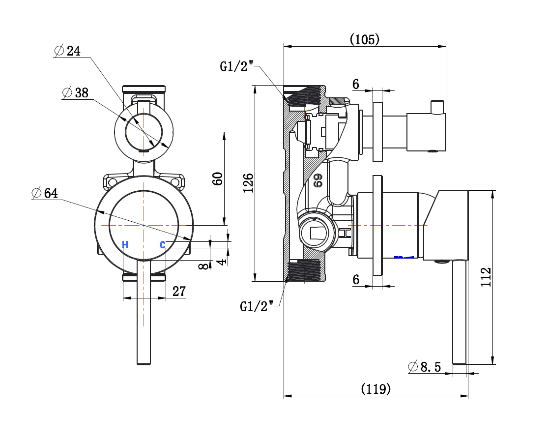 Round Wall Mixer with Diverter 35mm Cartridge