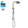 A wall-mounted rain shower system with a round overhead shower head, adjustable vertical bar, hand shower, and flexible hose, shown on a plain white background. A blue water rating badge and a lead-free logo appear in the top-left corner.