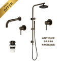 Antique brass shower fixture package with a rain shower head, handheld shower, wall-mounted arm, diverter valve, drain assembly, and text reading 'ANTIQUE BRASS PACKAGE' on a white background with a gold 'SPECIAL OFFER' banner.
