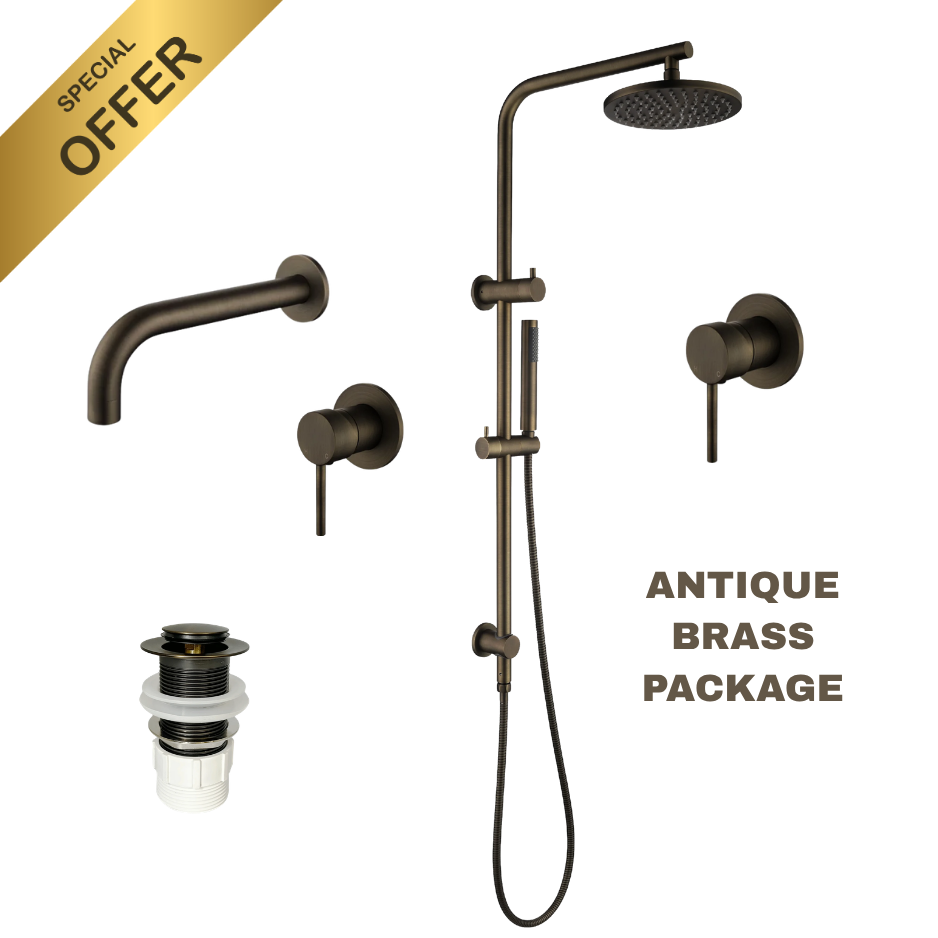 Antique brass shower fixture package with a rain shower head, handheld shower, wall-mounted arm, diverter valve, drain assembly, and text reading 'ANTIQUE BRASS PACKAGE' on a white background with a gold 'SPECIAL OFFER' banner.
