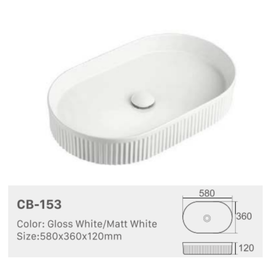 Above Counter Fluted Oval Basin Matte White