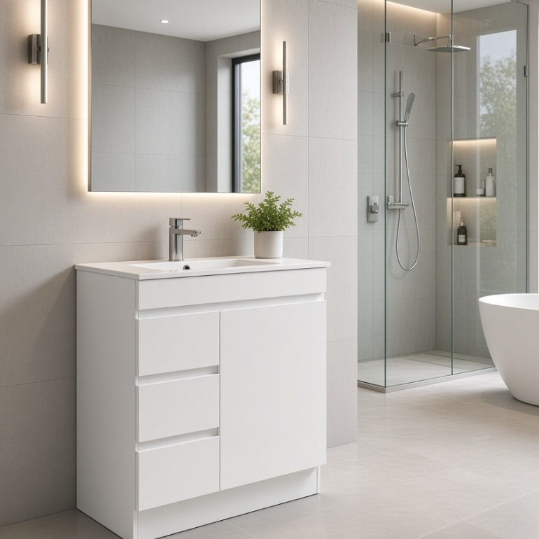 A modern white bathroom vanity with an integrated sink, three drawers, and a large mirror, styled in a bright, contemporary bathroom with a glass shower enclosure and freestanding bathtub.