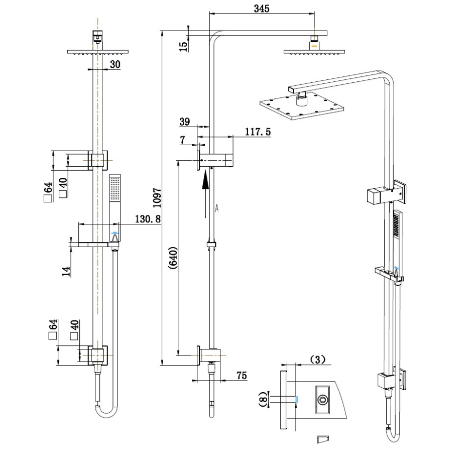 Matte Black Square Twin Shower Rail Set with 200mm Overhead Rain Shower
