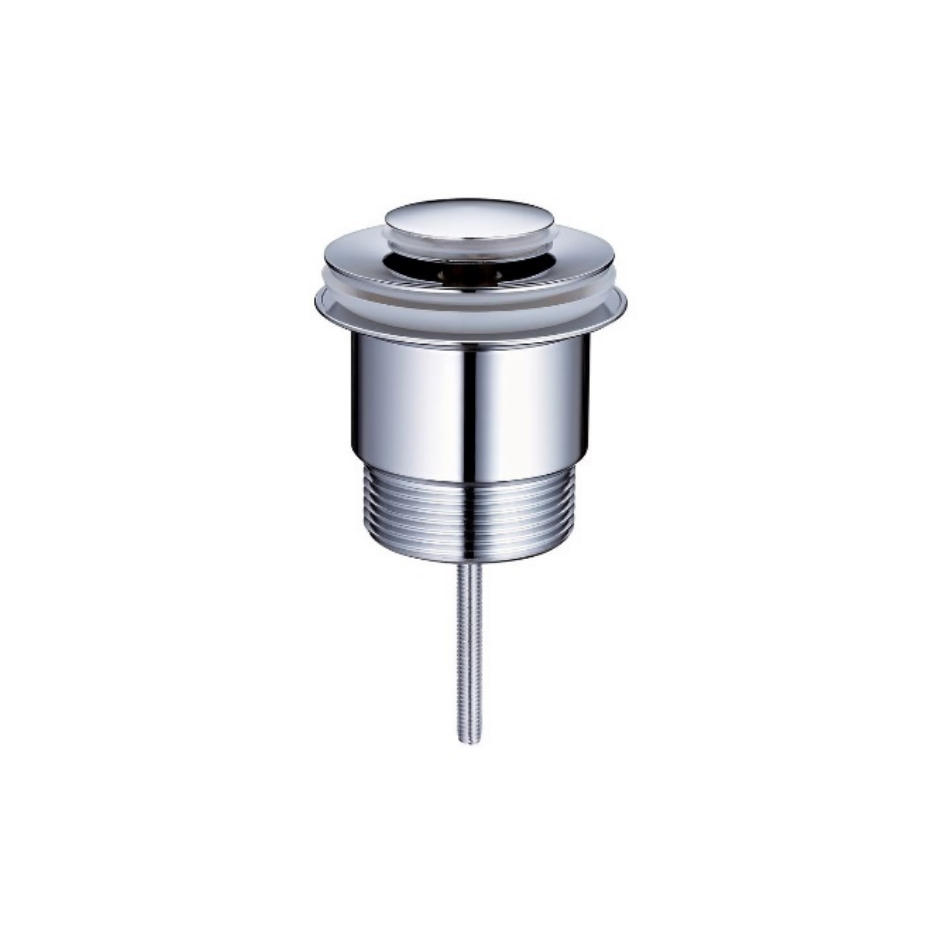 A polished chrome bathroom sink drain assembly with a pop-up stopper and threaded base, shown on a plain white background.
