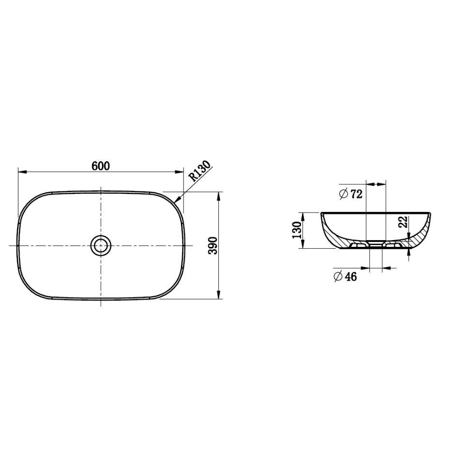 Above Counter Basin 600 x 390 x 130mm