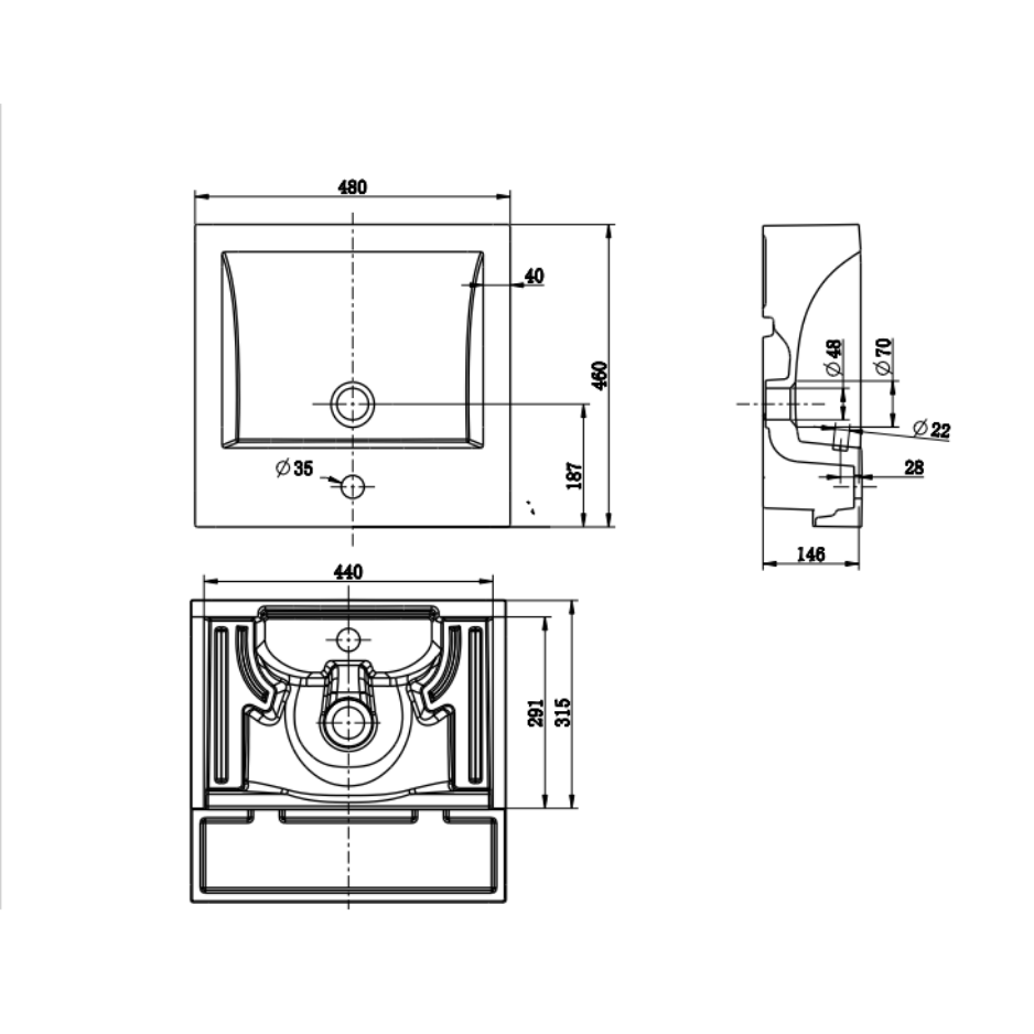 Semi Recessed Basin 480*460*145